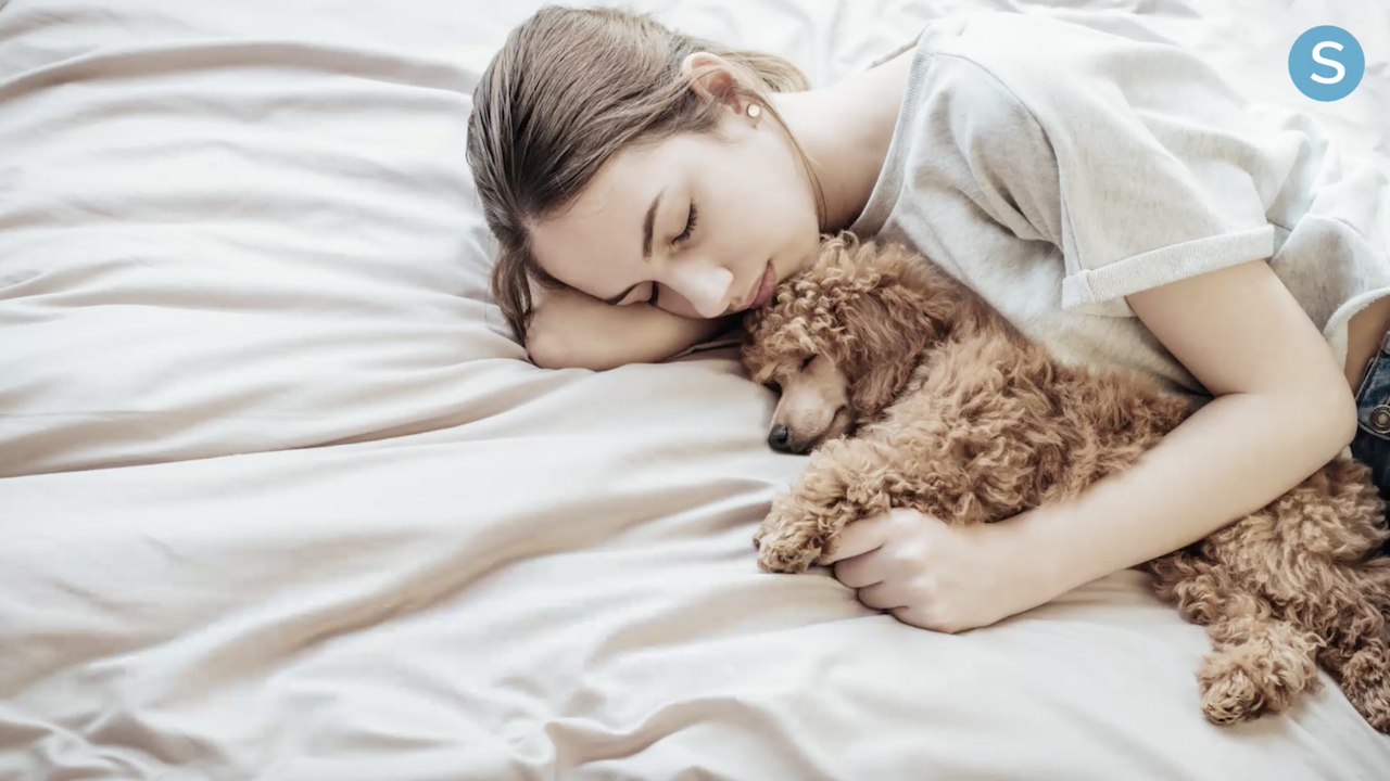 Girl sleeping with pet