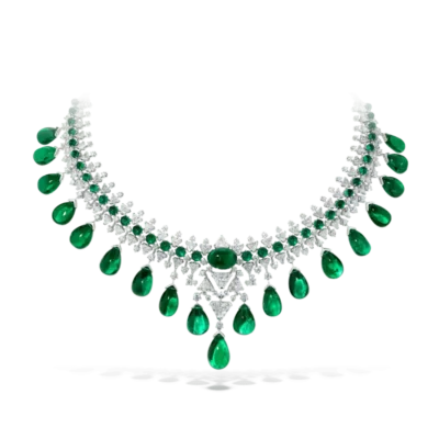 A Minute Detailed Diamond Necklace With Emerald Drops