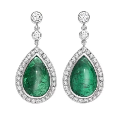 Emerald Earrings Circumferenced By White Gold And Pave Diamonds