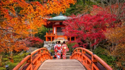 Geishas Crossing Autumn Path