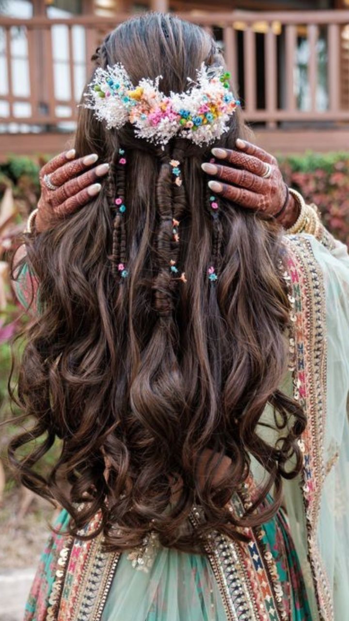 hairstyle with lehenga wedding | hairstyle with lehenga choli | hairstyle  with lehenga low buns | Engagement hairstyles, Front hair styles, Open  hairstyles