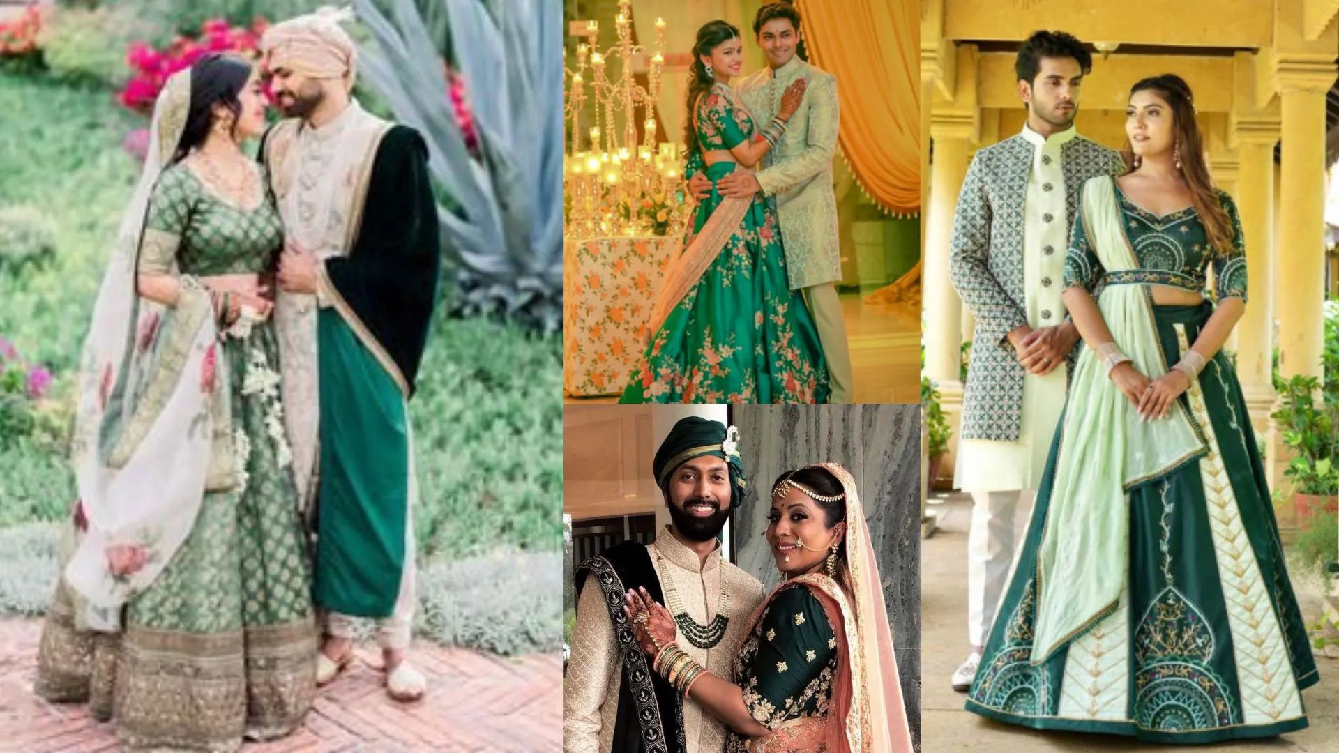 An emerald lehenga next to a green sherwani offers a rich look that looks perfect for couples who want to make all eyes stay on the couple. 
