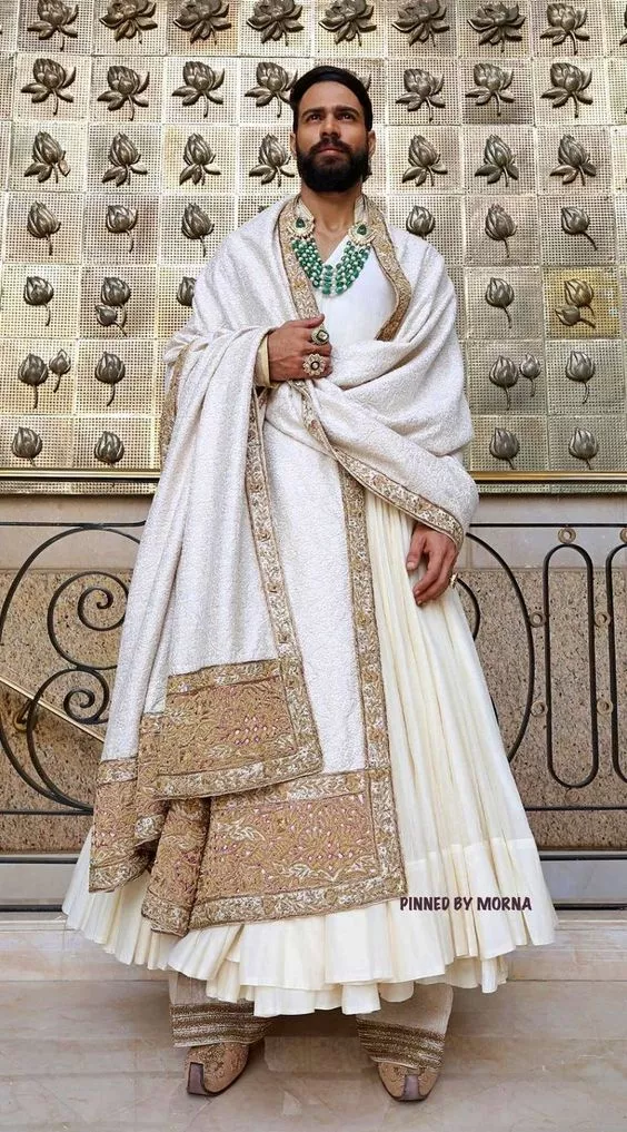 This style of sherwani has an extravagantly embellished neckline