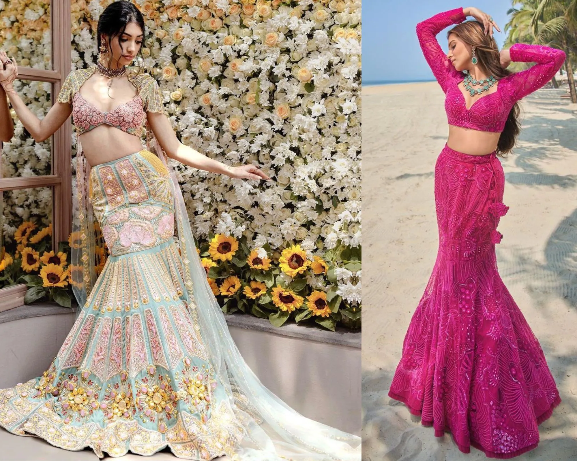 Go for a classic fishtail flare with a well-fitted choli and a plunging V-neck.