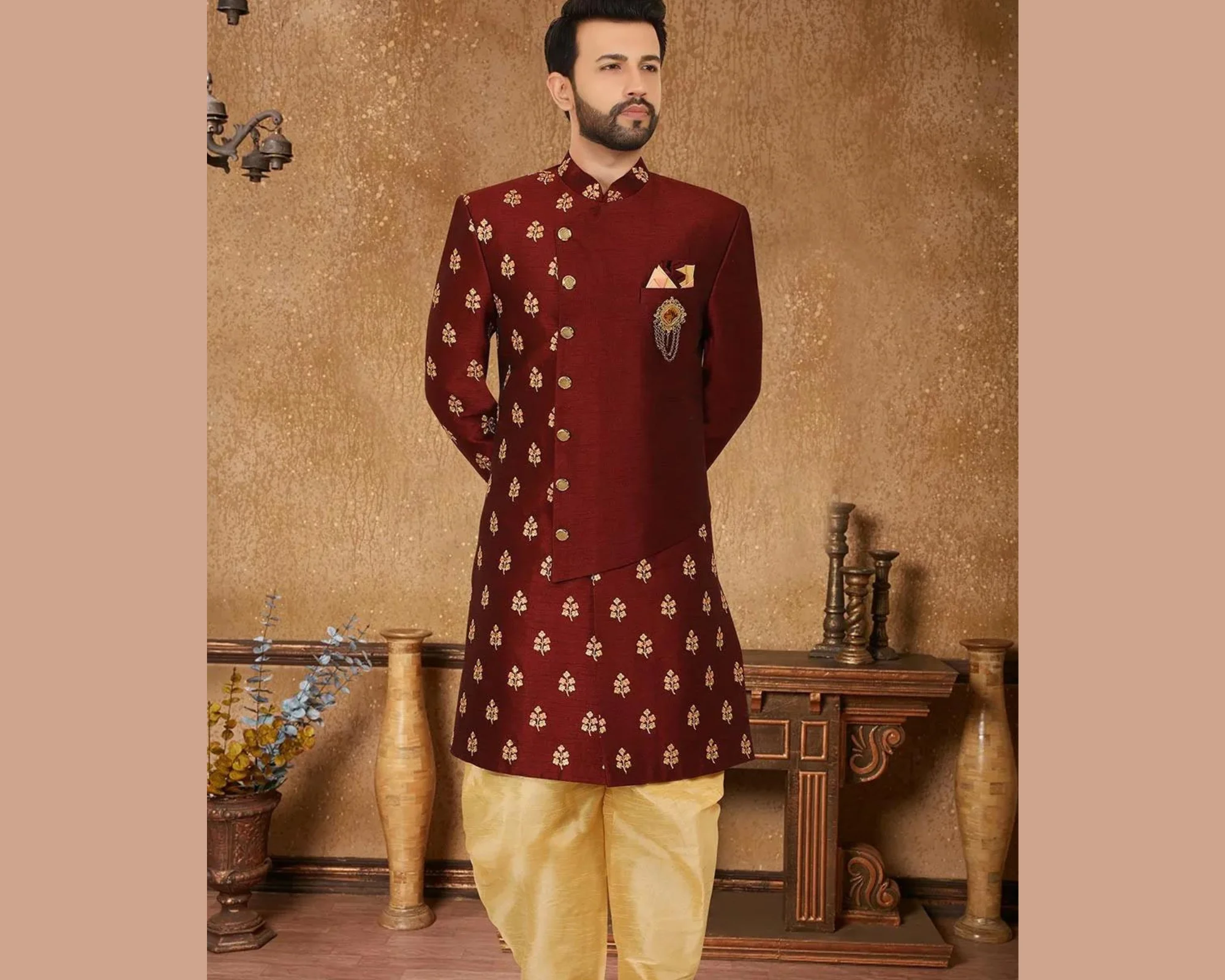 Maroon Indowestern Sherwani in Art Silk
