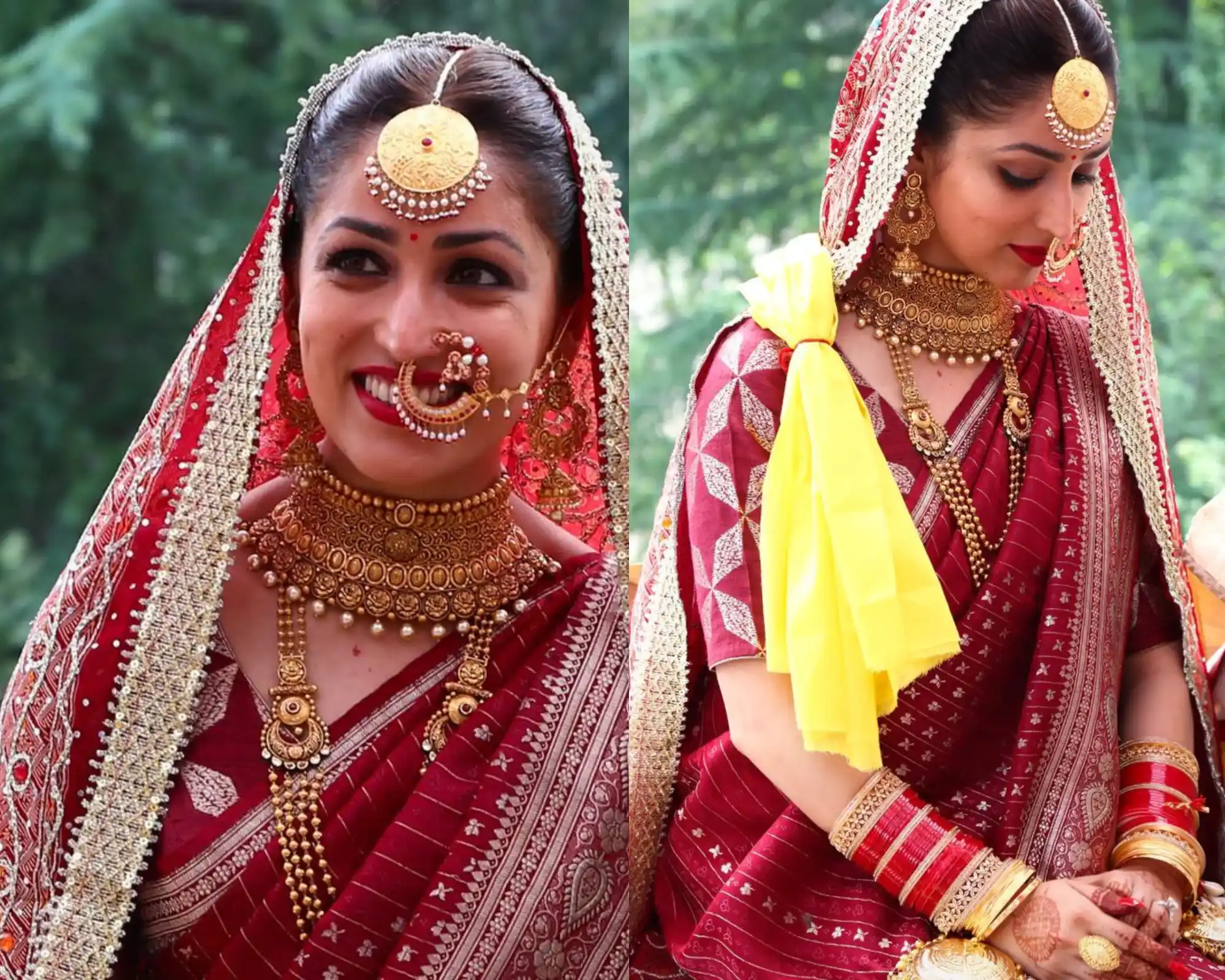 Yami Gautam in bridal saree with a choker, maang tikka, and Himachali nath