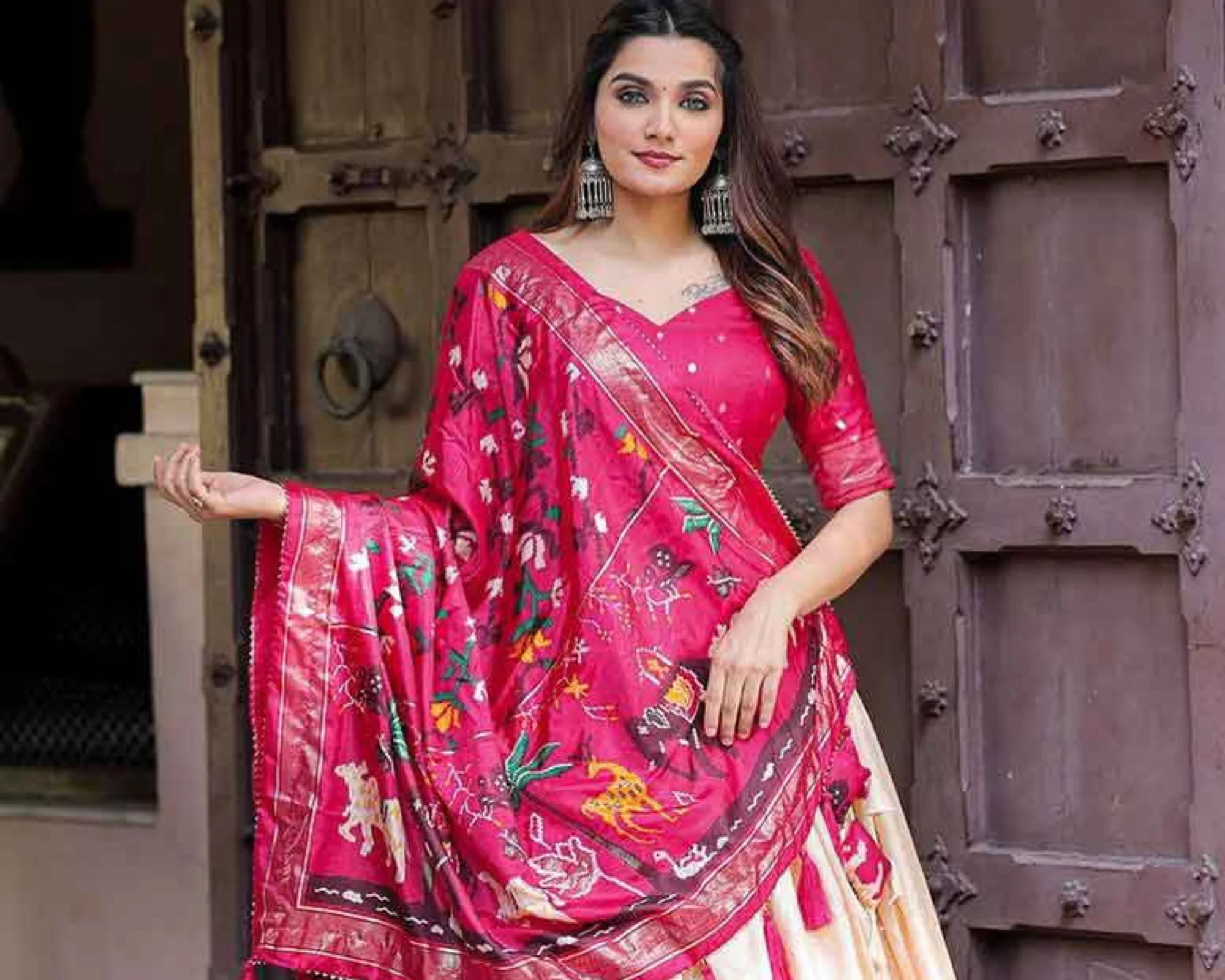 Pink lehenga featuring intricate pearl and silver work for Navratri look