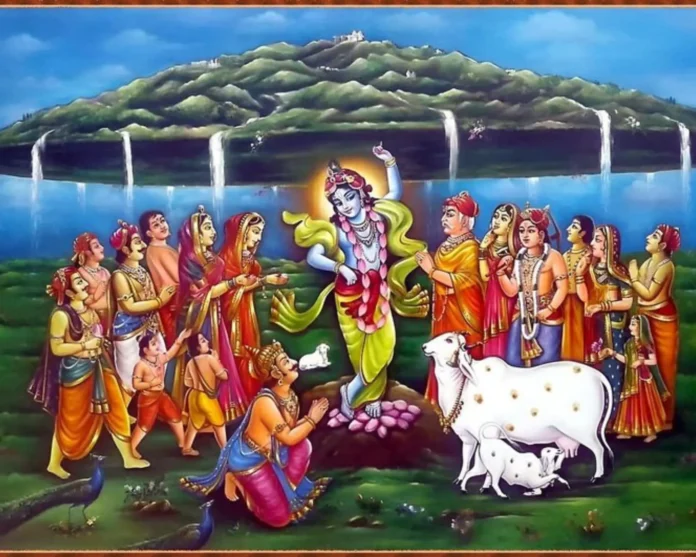 Lord Krishna raising mountain with his finger